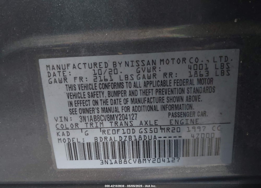 2021 NISSAN SENTRA VIN: 3N1AB8CV8MY204127