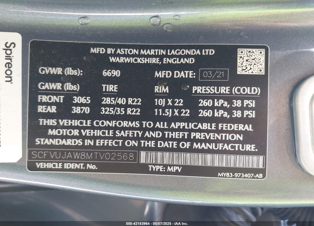 2021 ASTON MARTIN DBX VIN: SCFVUJAW8MTV02568