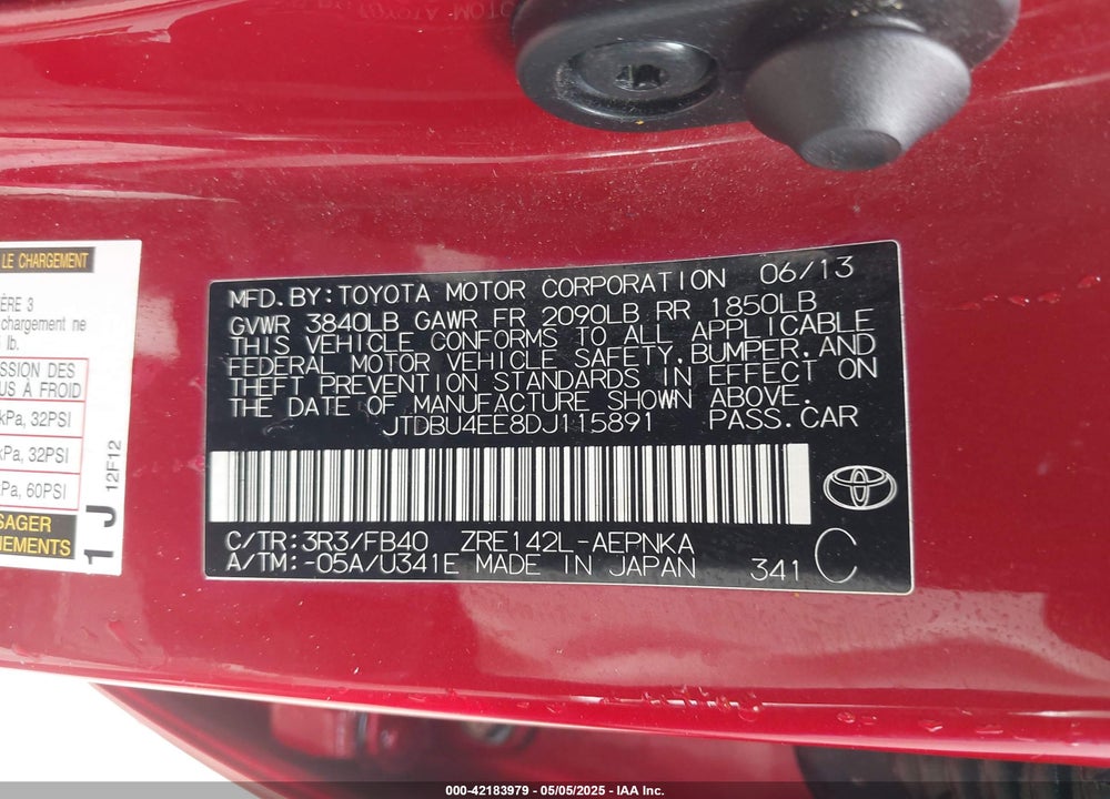 2013 TOYOTA COROLLA VIN: JTDBU4EE8DJ115891