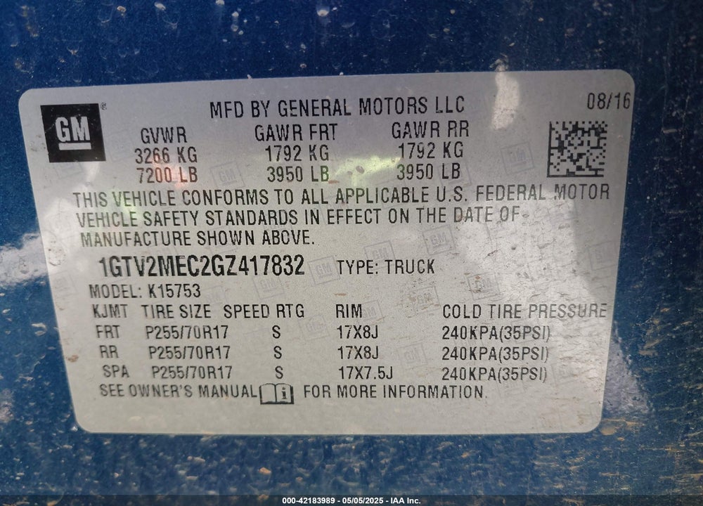 2016 GMC SIERRA 1500 SLE VIN: 1GTV2MEC2GZ417832