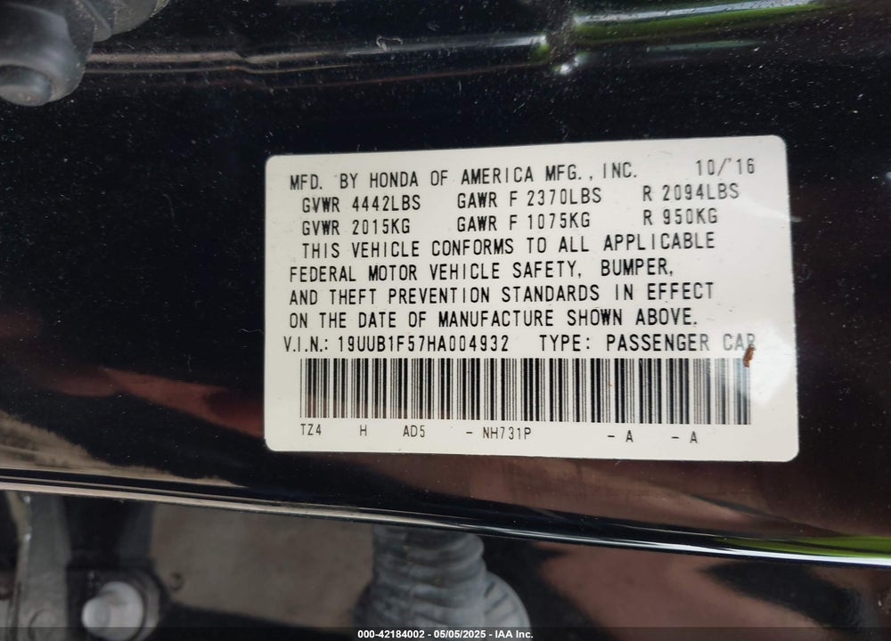 2017 ACURA TLX VIN: 19UUB1F57HA004932