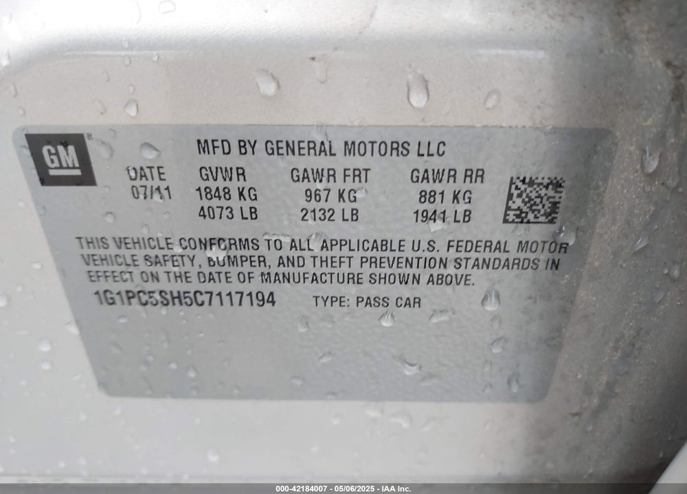 2012 CHEVROLET CRUZE VIN: 1G1PC5SH5C7117194