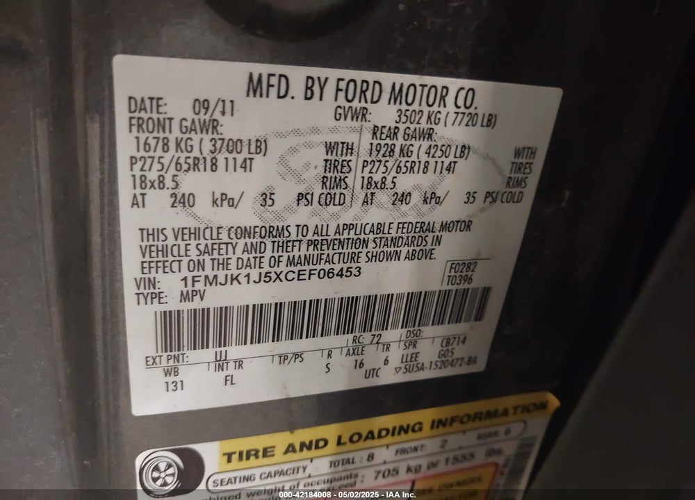 2012 FORD EXPEDITION EL XLT VIN: 1FMJK1J5XCEF06453