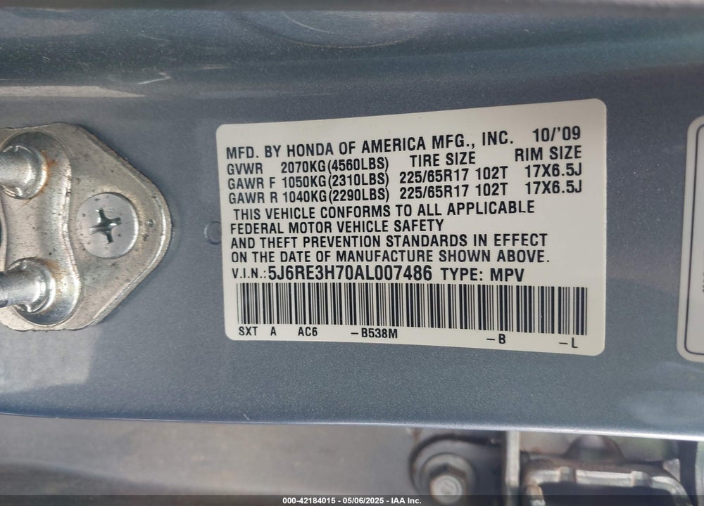 2010 HONDA CR-V VIN: 5J6RE3H70AL007486