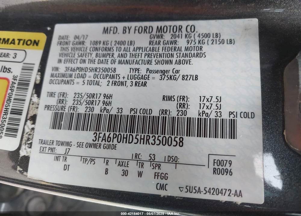 2017 FORD FUSION SE VIN: 3FA6P0HD5HR350058