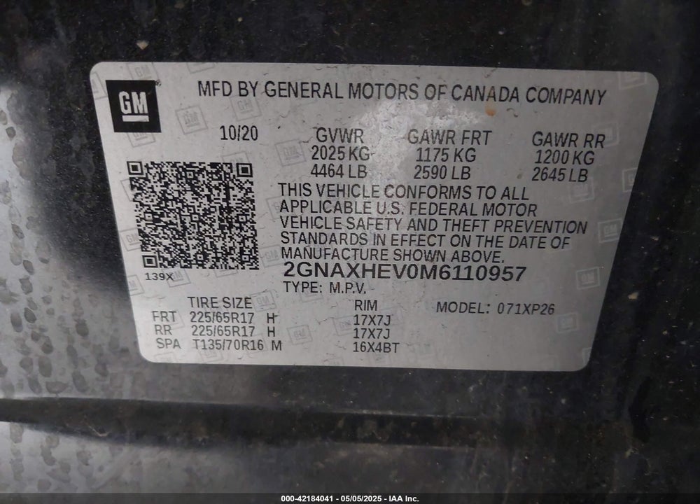 2021 CHEVROLET EQUINOX VIN: 2GNAXHEV0M6110957