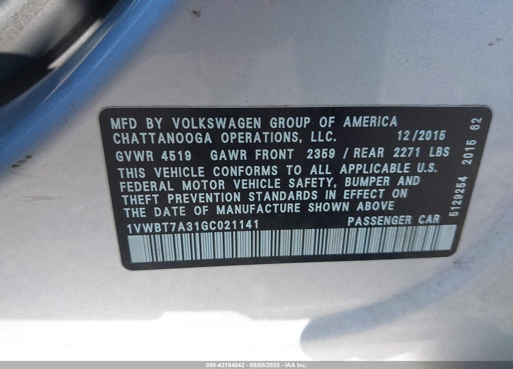 2016 VOLKSWAGEN PASSAT VIN: 1VWBT7A31GC021141