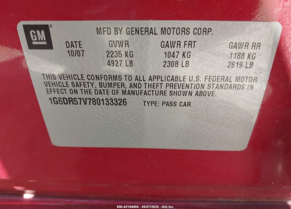 2008 CADILLAC CTS STANDARD VIN: 1G6DR57V780133326
