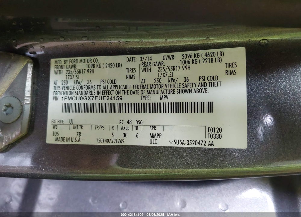 2014 FORD ESCAPE VIN: 1FMCU0GX7EUE24159