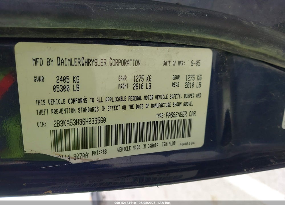 2006 DODGE CHARGER VIN: 2B3KA53H36H233560