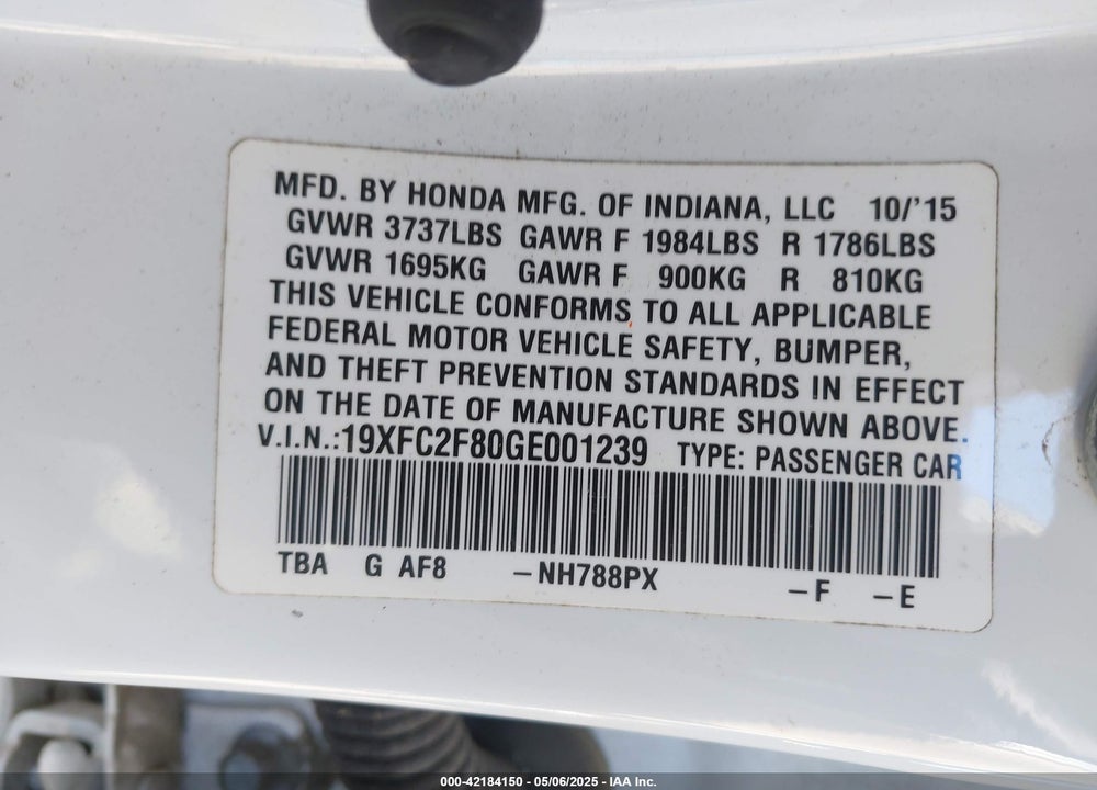2016 HONDA CIVIC VIN: 19XFC2F80GE001239