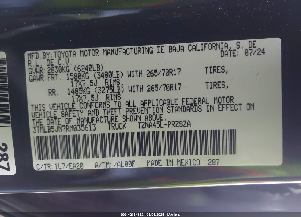 2024 TOYOTA TACOMA TRD OFF ROAD 4WD VIN: 3TMLB5JN7RM035613