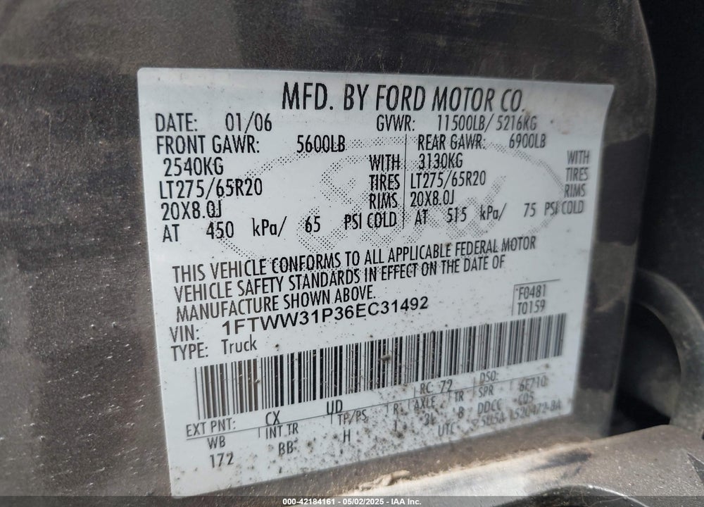 2006 FORD F-350 LARIAT/XL/XLT VIN: 1FTWW31P36EC31492