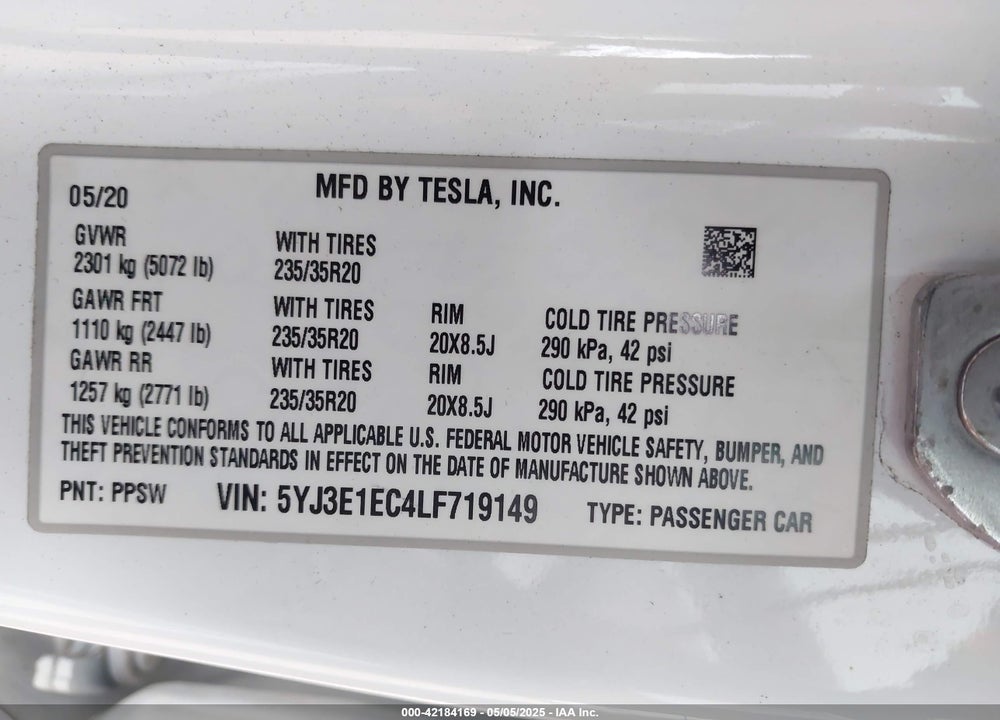 2020 TESLA MODEL 3 VIN: 5YJ3E1EC4LF719149