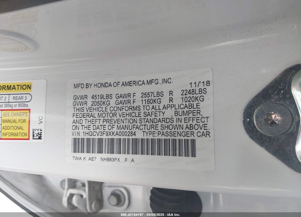 2019 HONDA ACCORD VIN: 1HGCV3F9XKA000284