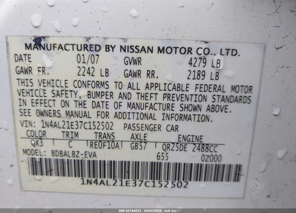 2007 NISSAN ALTIMA VIN: 1N4AL21E37C152502