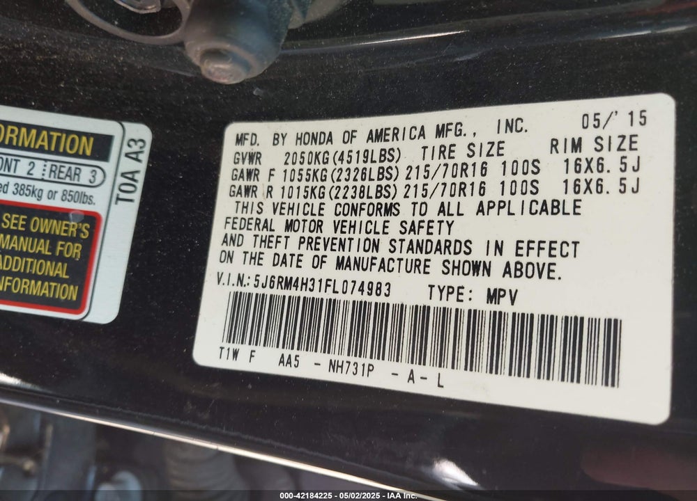 2015 HONDA CR-V VIN: 5J6RM4H31FL074983