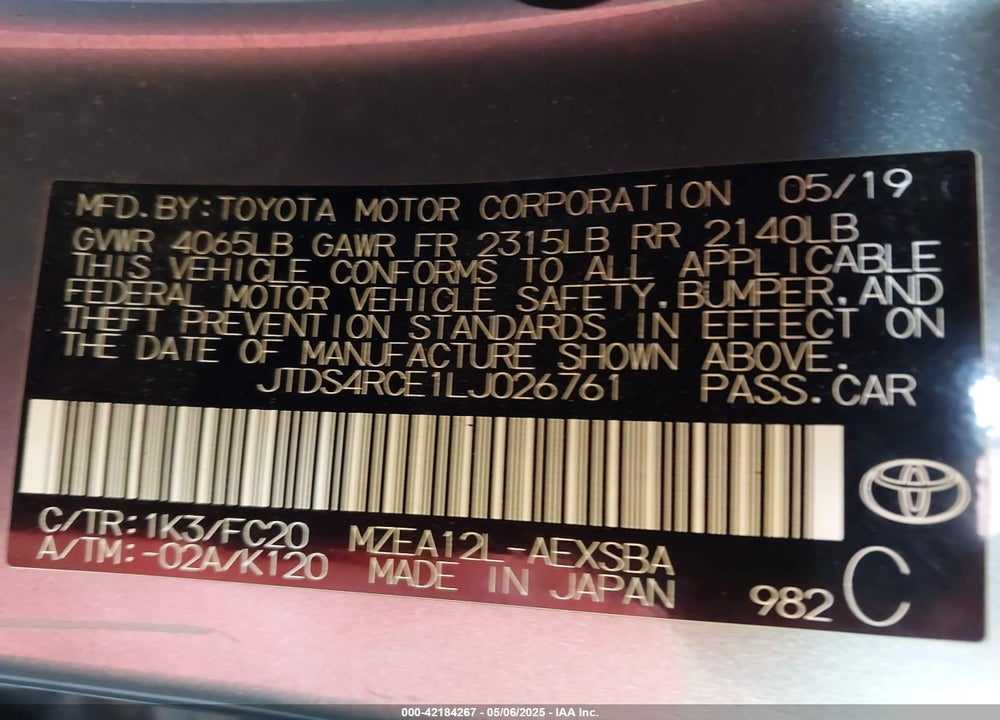 2020 TOYOTA COROLLA VIN: JTDS4RCE1LJ026761