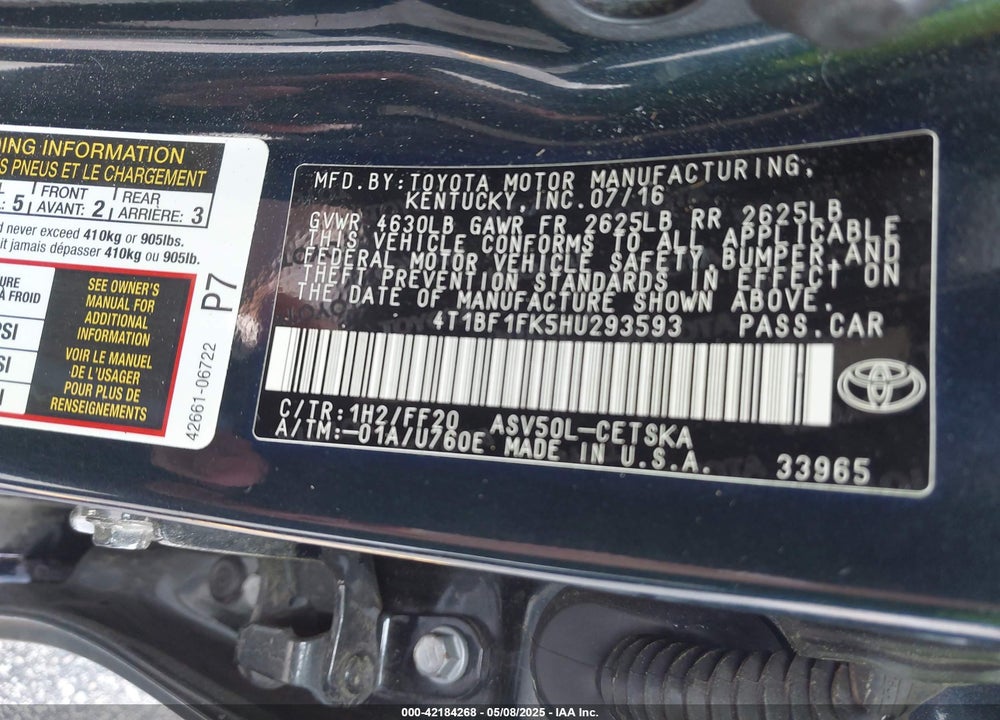 2017 TOYOTA CAMRY LE/XLE/SE/XSE VIN: 4T1BF1FK5HU293593