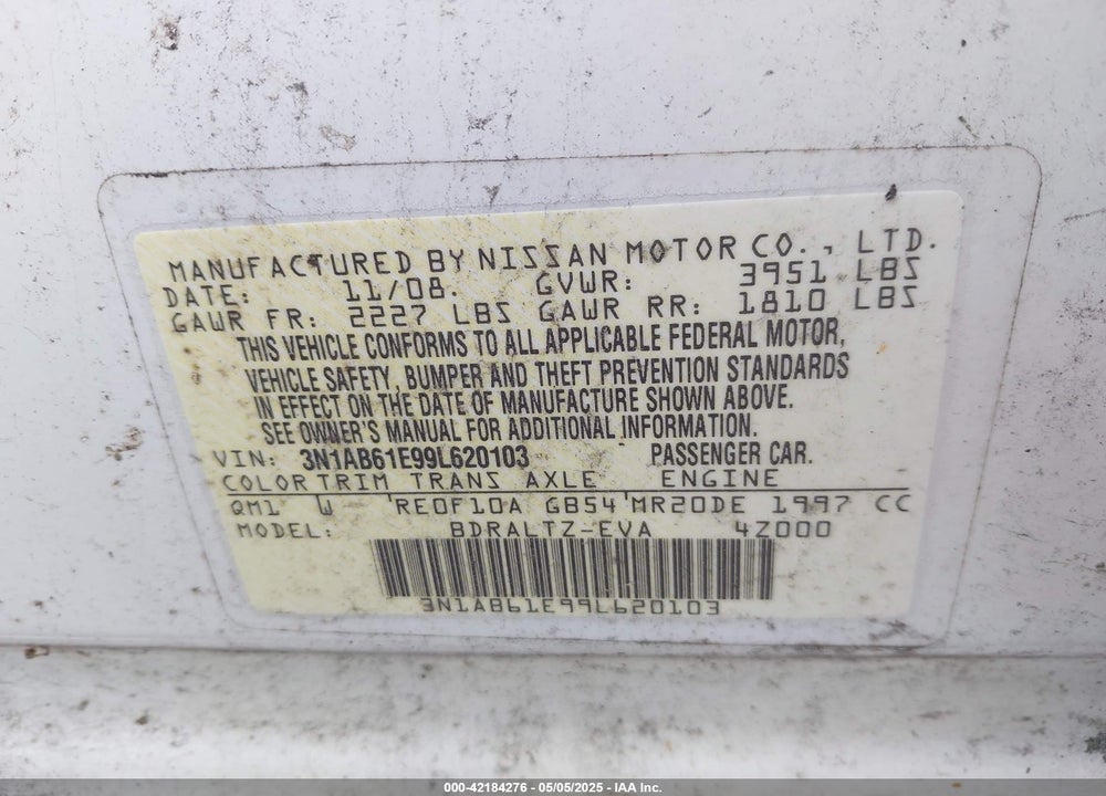 2009 NISSAN SENTRA VIN: 3N1AB61E99L620103