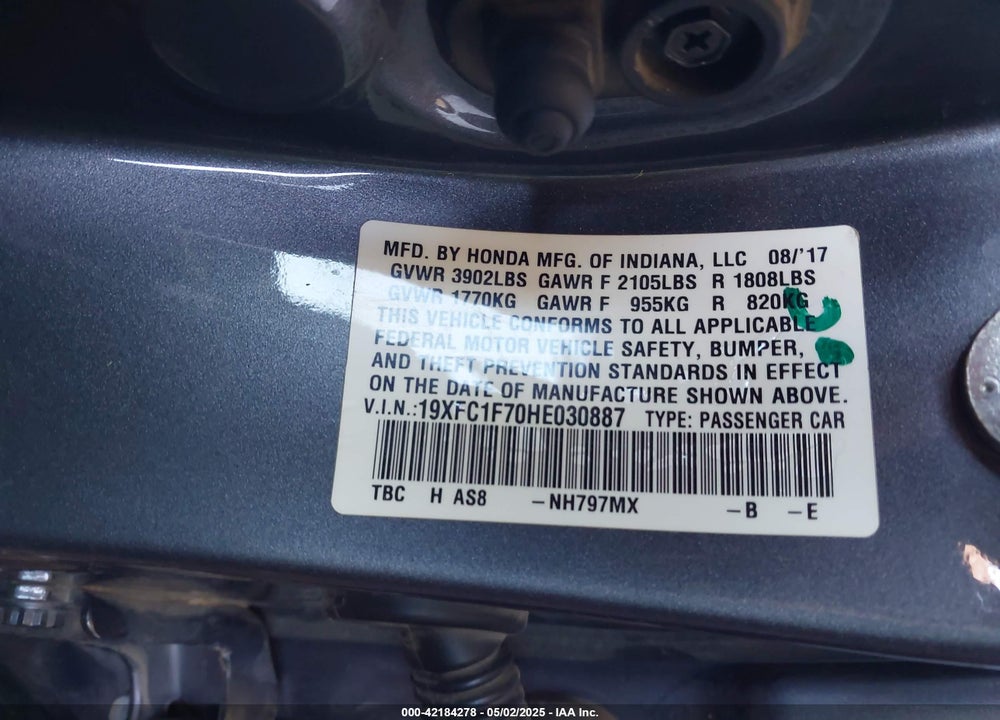 2017 HONDA CIVIC EX-L VIN: 19XFC1F70HE030887