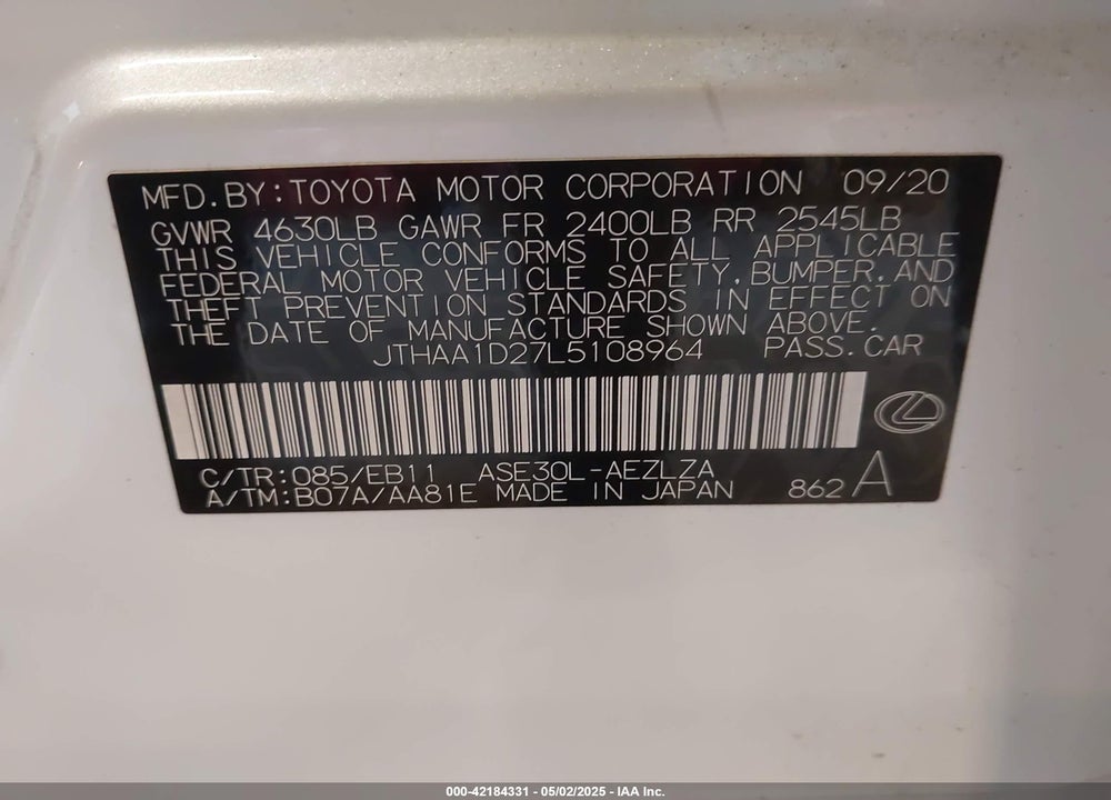 2020 LEXUS IS 300 VIN: JTHAA1D27L5108964