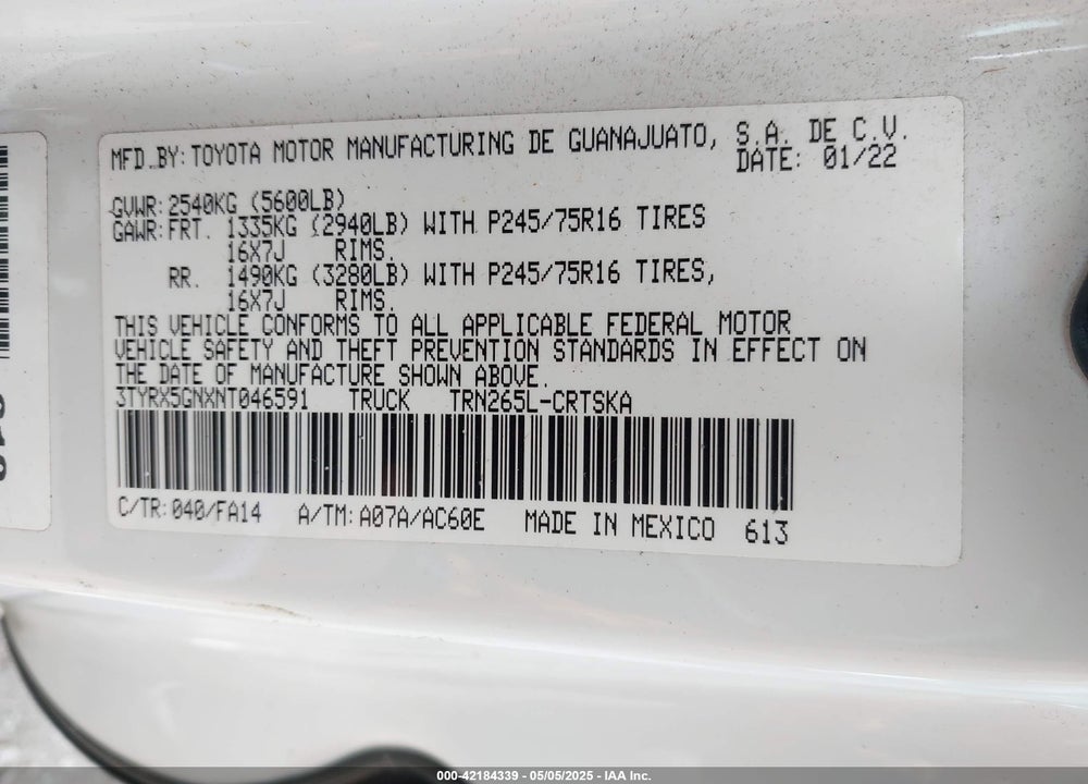 2022 TOYOTA TACOMA VIN: 3TYRX5GNXNT046591