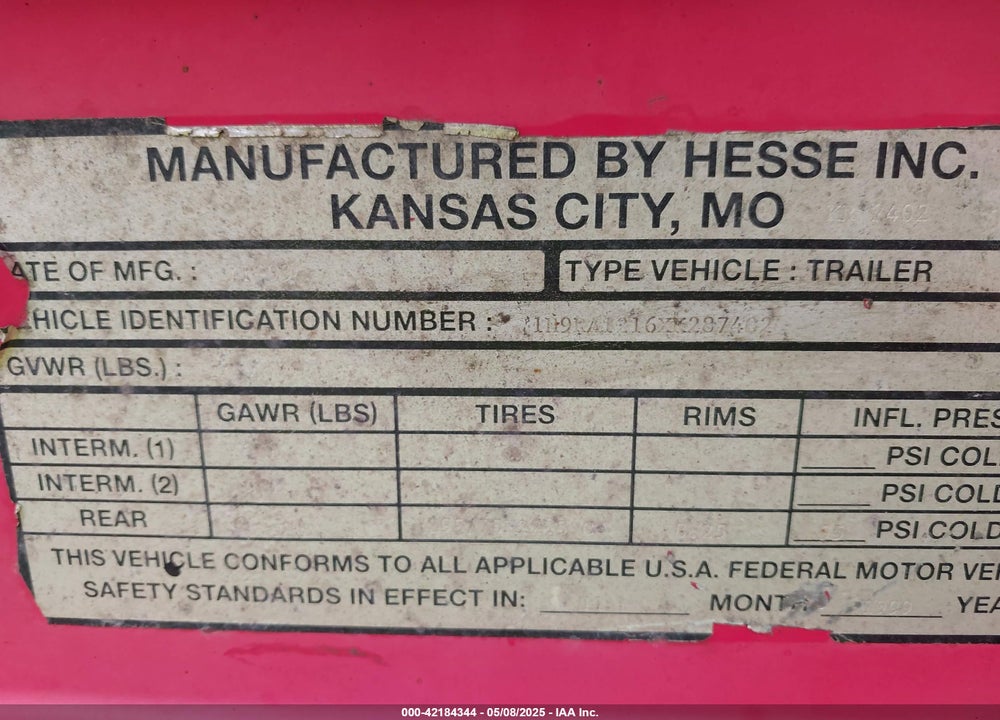 1999 HESSE --- VIN: 1H9RA1216XK287402