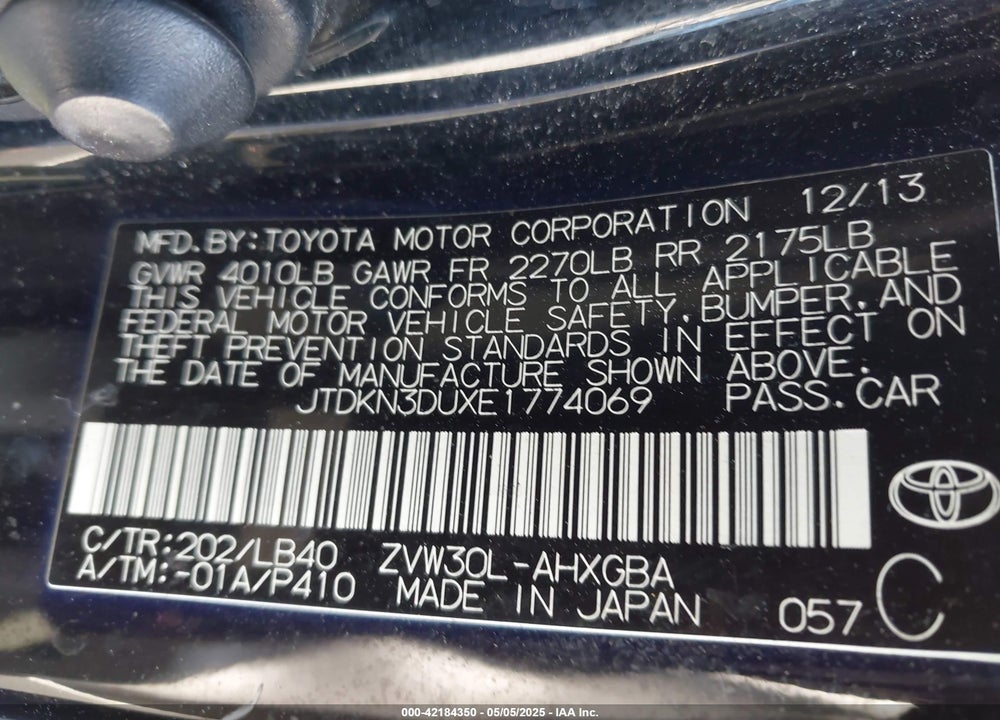 2014 TOYOTA PRIUS VIN: JTDKN3DUXE1774069