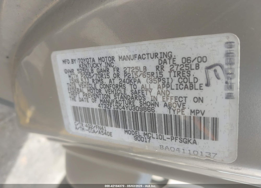 2000 TOYOTA SIENNA VIN: 4T3ZF13C4YU309866