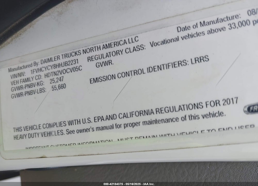 2017 FREIGHTLINER M2 106 VIN: 1FVHCYCY8HHJB2231
