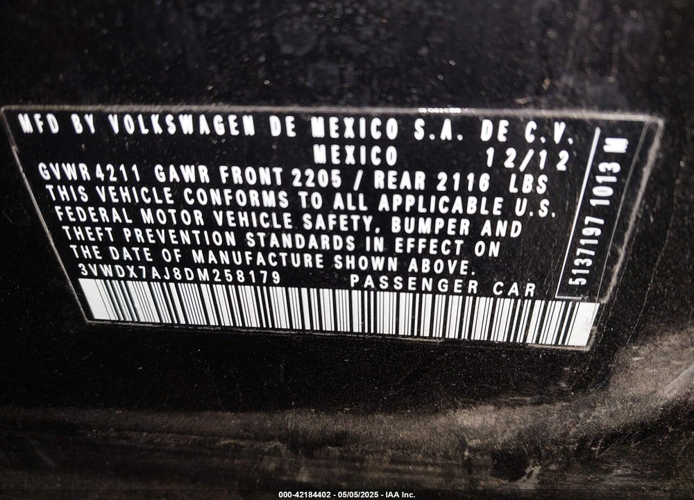 2013 VOLKSWAGEN JETTA 2.5L SE VIN: 3VWDX7AJ8DM258179