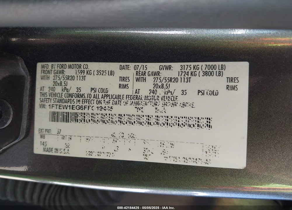 2015 FORD F-150 VIN: 1FTEW1EG6FFC19485