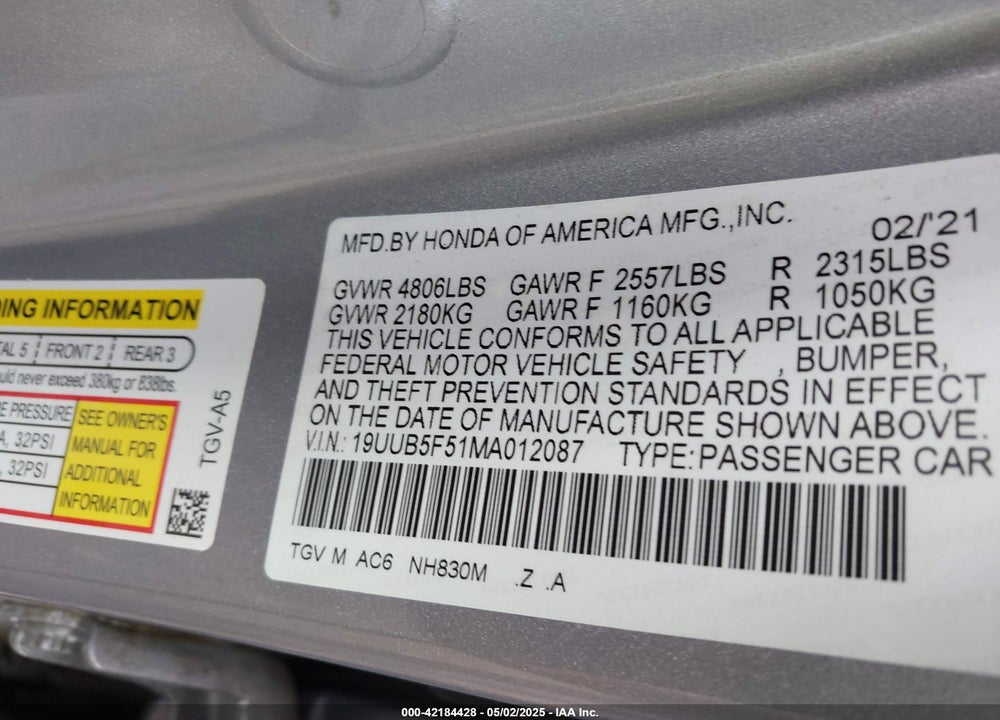 2021 ACURA TLX VIN: 19UUB5F51MA012087