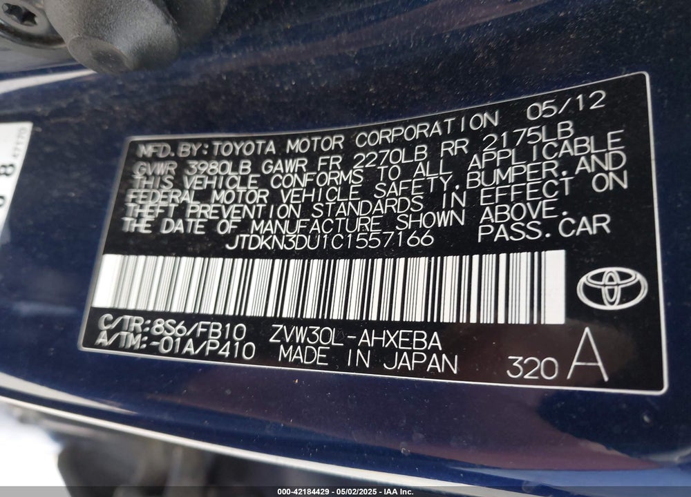 2012 TOYOTA PRIUS VIN: JTDKN3DU1C1557166