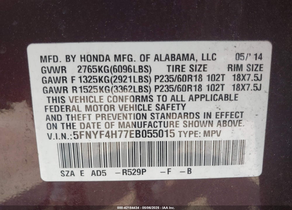 2014 HONDA PILOT EX-L VIN: 5FNYF4H77EB055015