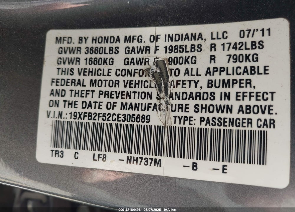 2012 HONDA CIVIC VIN: 19XFB2F52CE305689