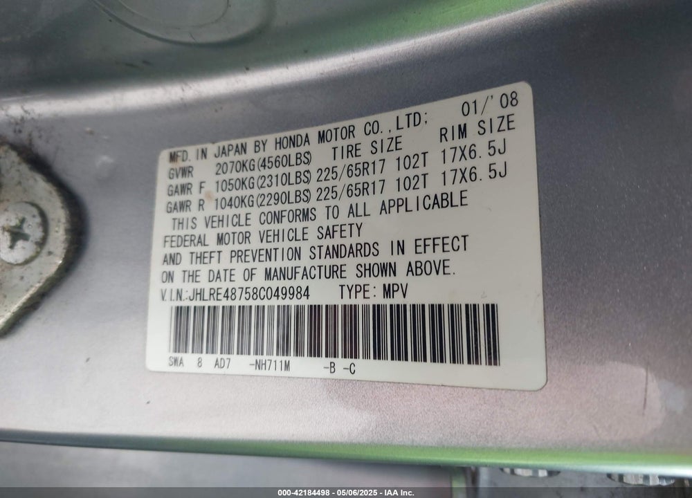 2008 HONDA CR-V VIN: JHLRE48758C049984