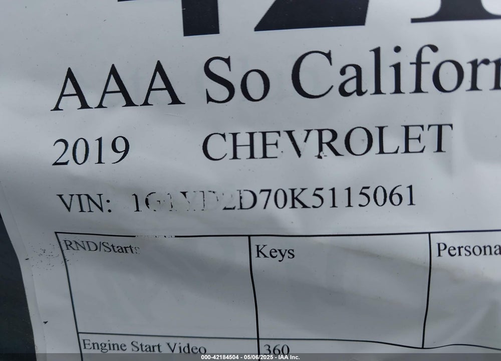 2019 CHEVROLET CORVETTE VIN: 1G1YD2D70K5115061