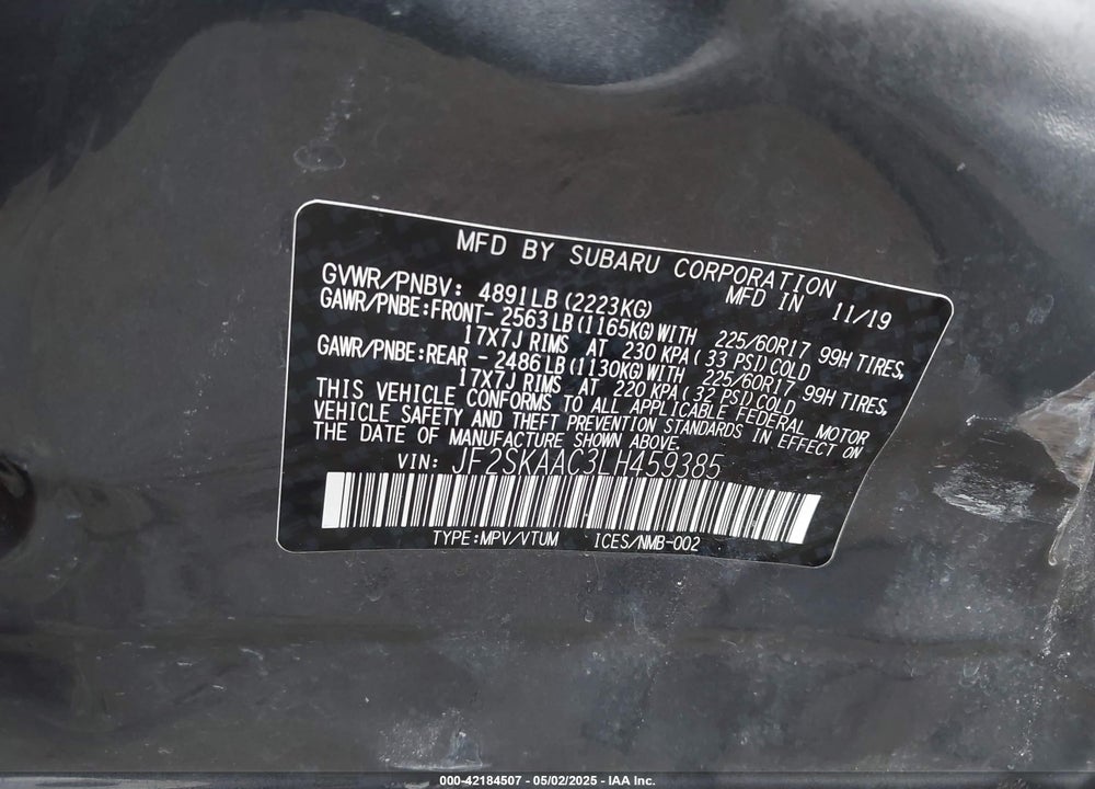 2020 SUBARU FORESTER VIN: JF2SKAAC3LH459385