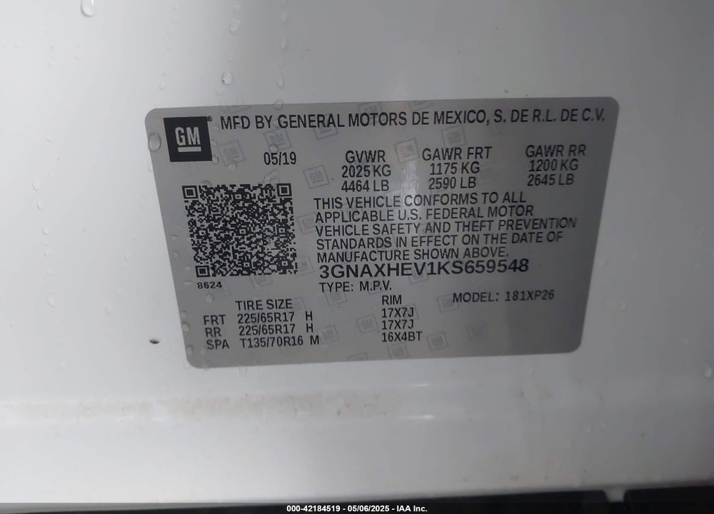 2019 CHEVROLET EQUINOX VIN: 3GNAXHEV1KS659548