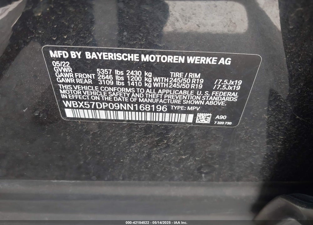 2022 BMW X3 XDRIVE30I VIN: WBX57DP09NN168196