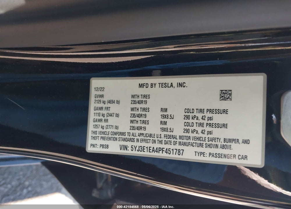 2023 TESLA MODEL 3 VIN: 5YJ3E1EA4PF451787
