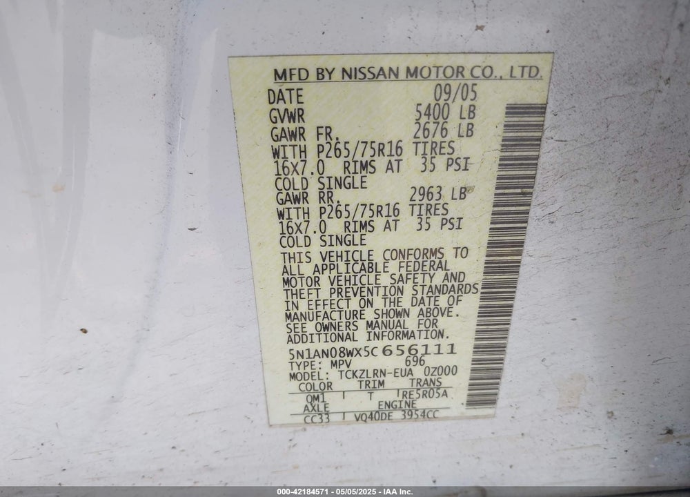 2005 NISSAN XTERRA OFF ROAD VIN: 5N1AN08WX5C656111