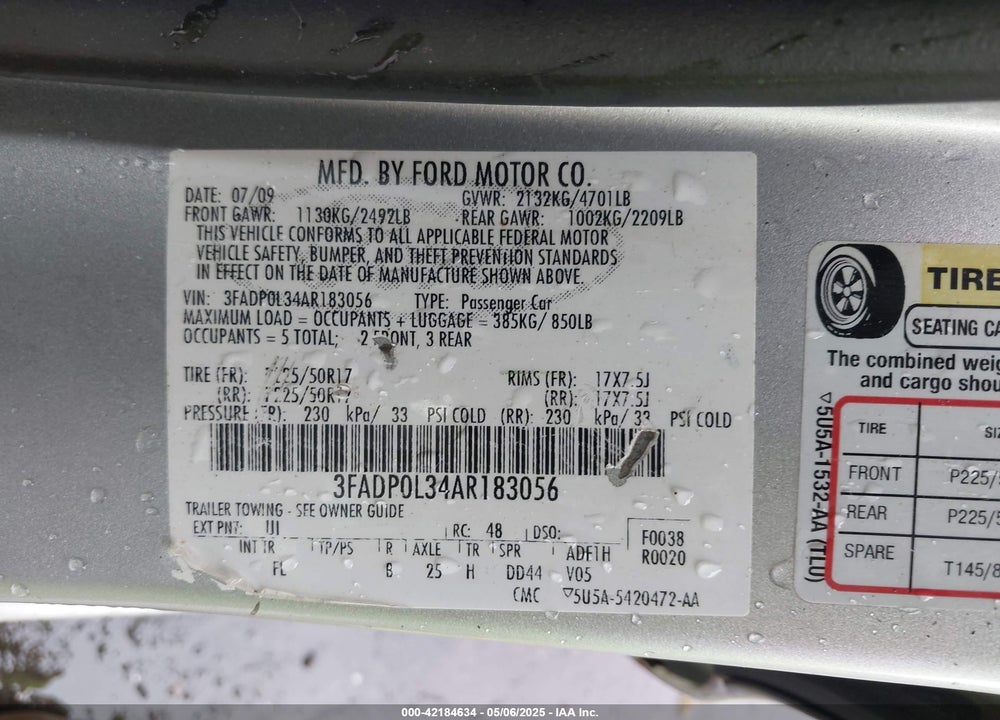 2010 FORD FUSION HYBRID VIN: 3FADP0L34AR183056