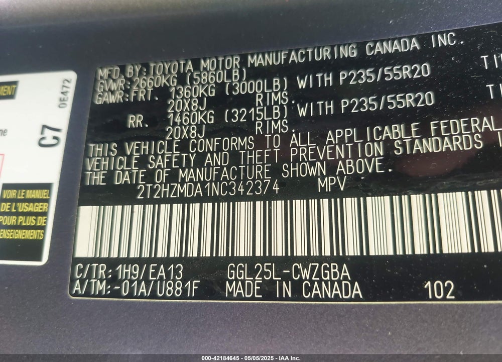 2022 LEXUS RX 350 VIN: 2T2HZMDA1NC342374