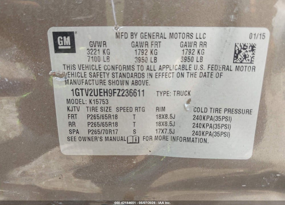 2015 GMC SIERRA 1500 SLE VIN: 1GTV2UEH9FZ236611
