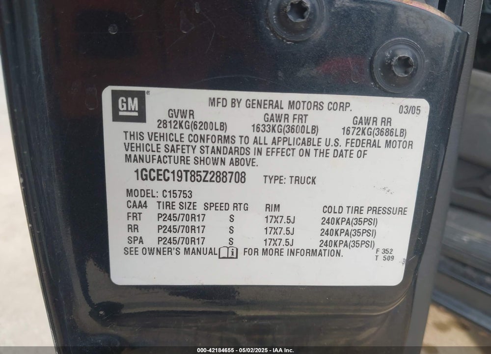 2005 CHEVROLET SILVERADO 1500 WORK TRUCK VIN: 1GCEC19T85Z288708