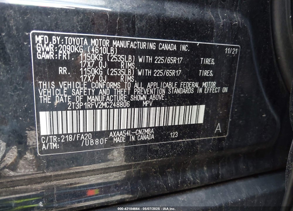 2021 TOYOTA RAV4 VIN: 2T3P1RFV2MC248806