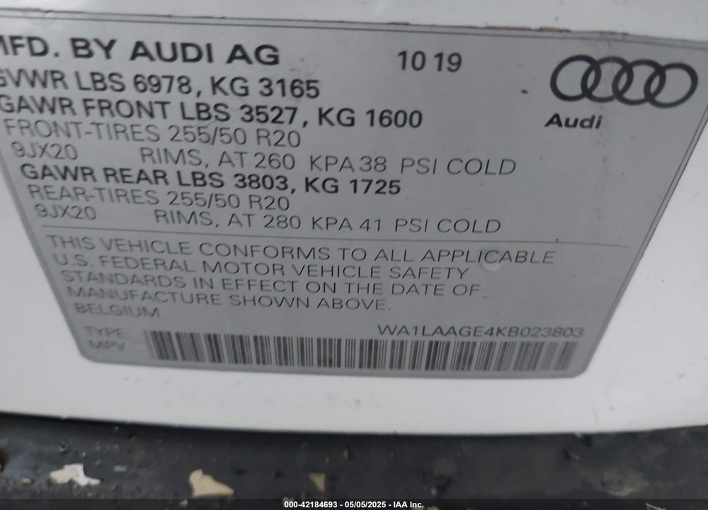 2019 AUDI E-TRON VIN: WA1LAAGE4KB023803